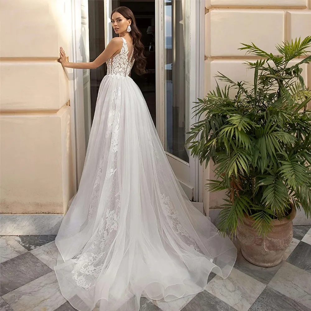 Tule elegante vestido de casamento sem mangas apliques de renda com decote em v vestido de noiva vestido de novia ilusão voltar festa de noiva personalizado