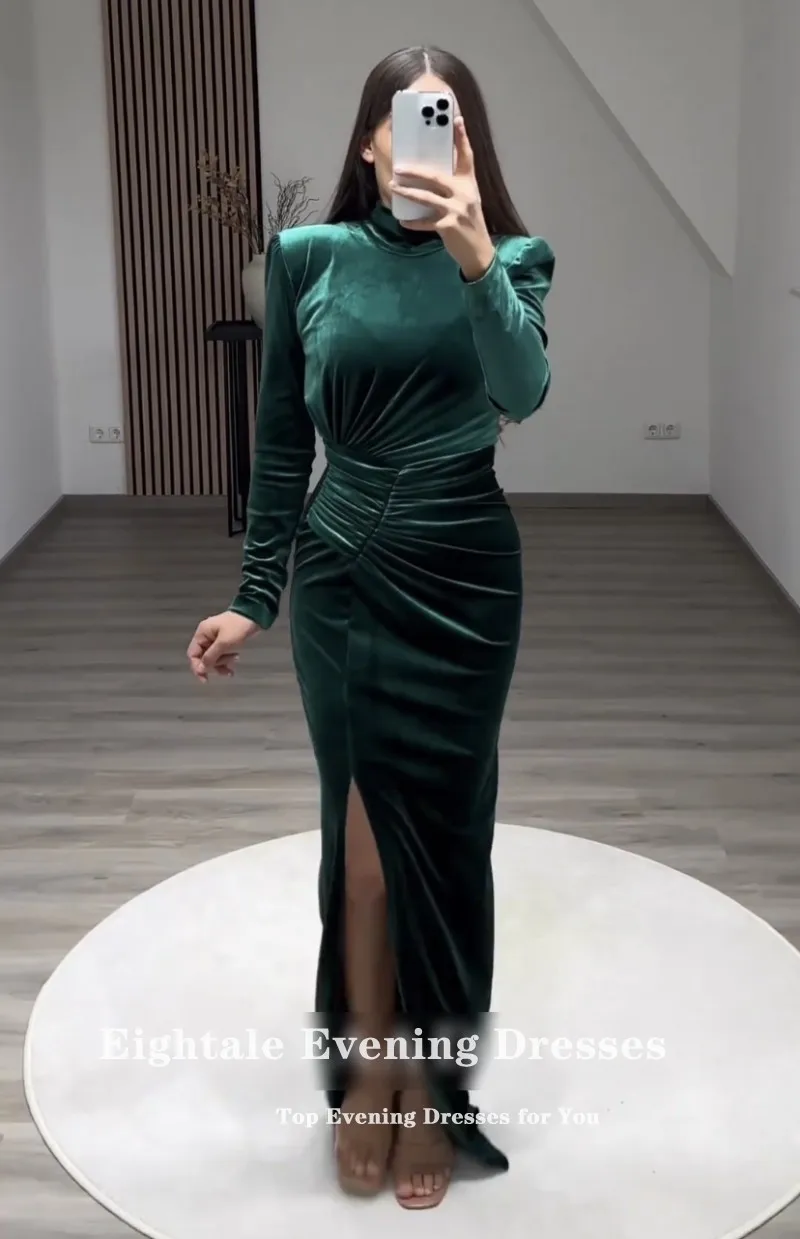 Eightale Emerald Green Evening Dress Arabic Customized Prom Gown Long Sleeves Muslim Velvet Mermaid Wedding Party Dress