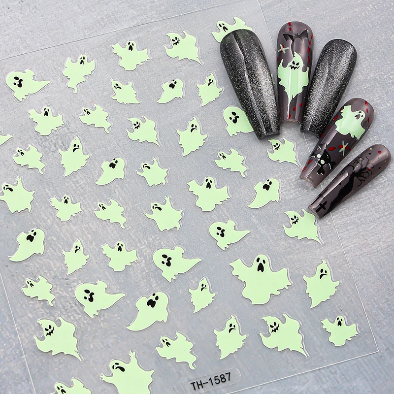 Adesivi per nail art 3D Halloween Decalcomanie per unghie fantasma ragnatela luminosa per accessori per la decorazione del manicure Y2K del festival