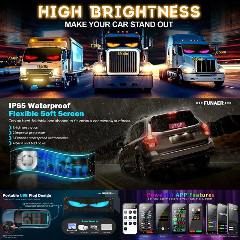 

1PCS Truck Eye Car Sign Animation Bluetooth App Control Programmable Flexible Screen LED DIY Matrix Pixel Panel Led Display