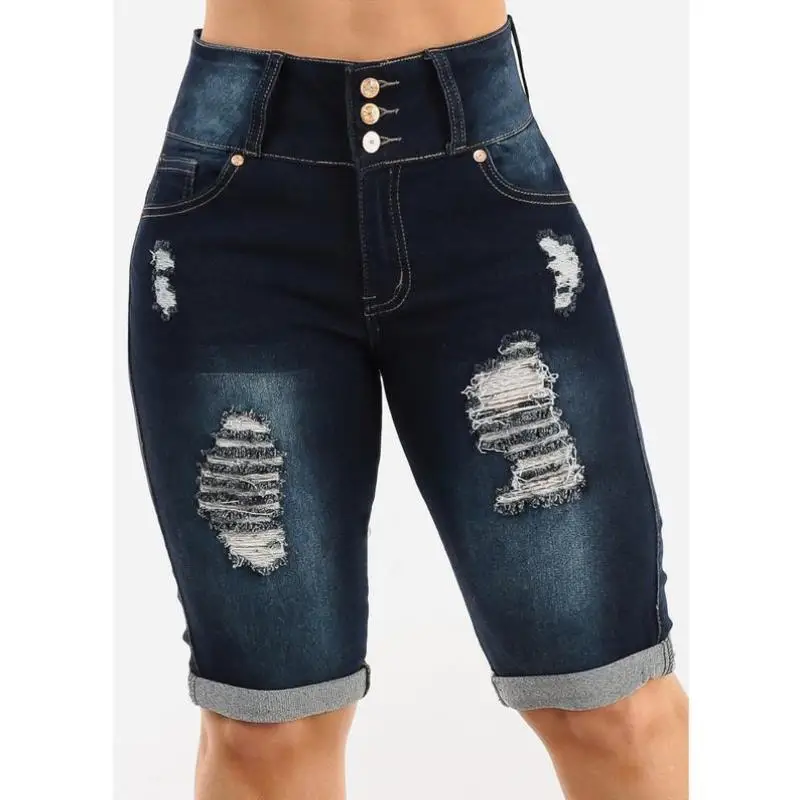 Damskie spodnie dżinsowe Cross-Border New Sle Bermuda, ciemnoniebieskie, modelujące pośladki, w stylu vintage, codzienne, z materiału PVC, o średnio-niskim stanie.