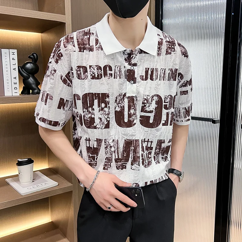 

New Summer Men's Fashion Korean Version of Casual Slimming Trend Simple and Handsome All Printed Trend Short-sleeved Polo Shirt