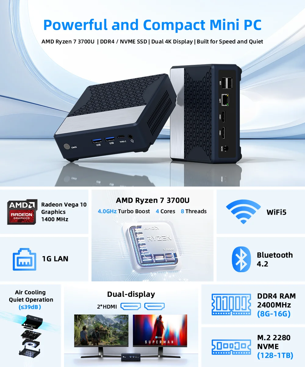 ZXIPC Zen+ 포켓 미니 PC AMD Ryzen7 3700U Ryzen 5 3500U 듀얼 디스플레이 라데온 베가 10 1G LAN WIFI5 BT 4.2 16GB 1TB DDR4 NUC