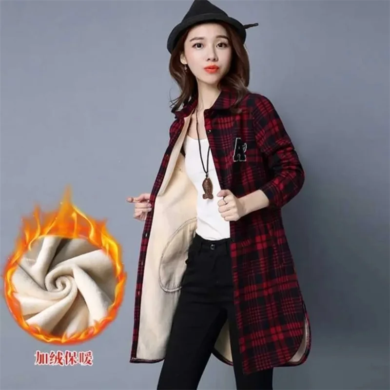 2024 Velvet Padded Plaid Shirt Jacket Women\'s Autumn Winter New Coats Long Sleeve Mid-Long Loose Pocket Outwear Coat Female