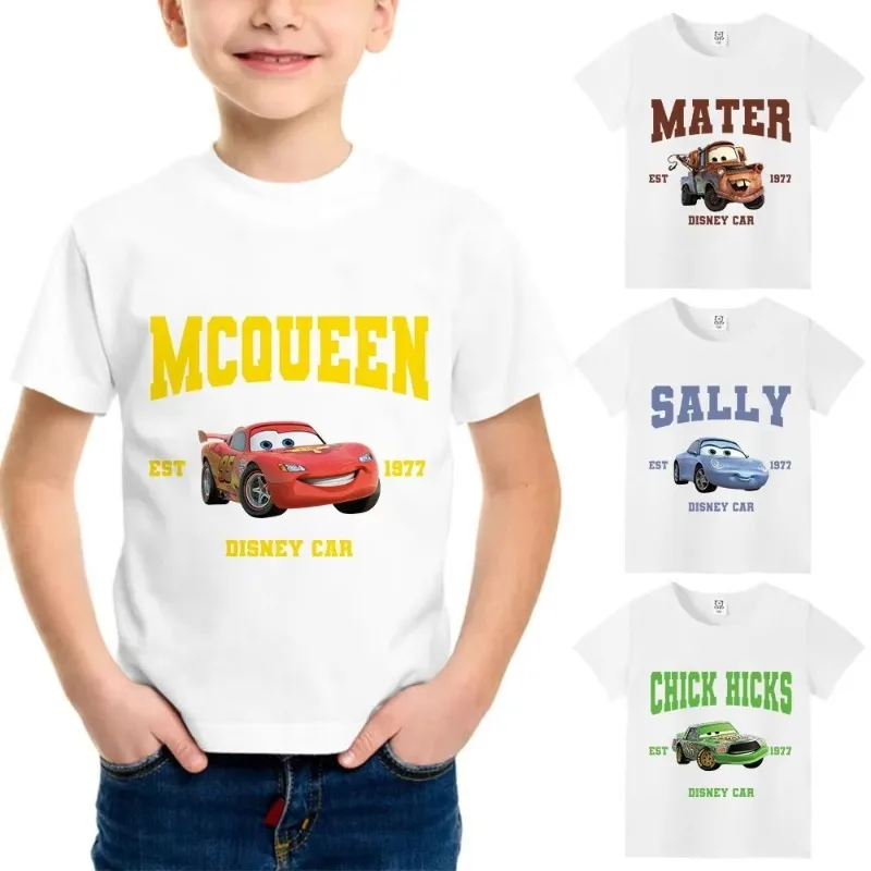 

Детская хлопковая футболка с молнией McQueen, футболка с короткими рукавами для мальчиков и девочек, летняя одежда с машинками Диснея, подарок с героями мультфильмов, детские милые топы