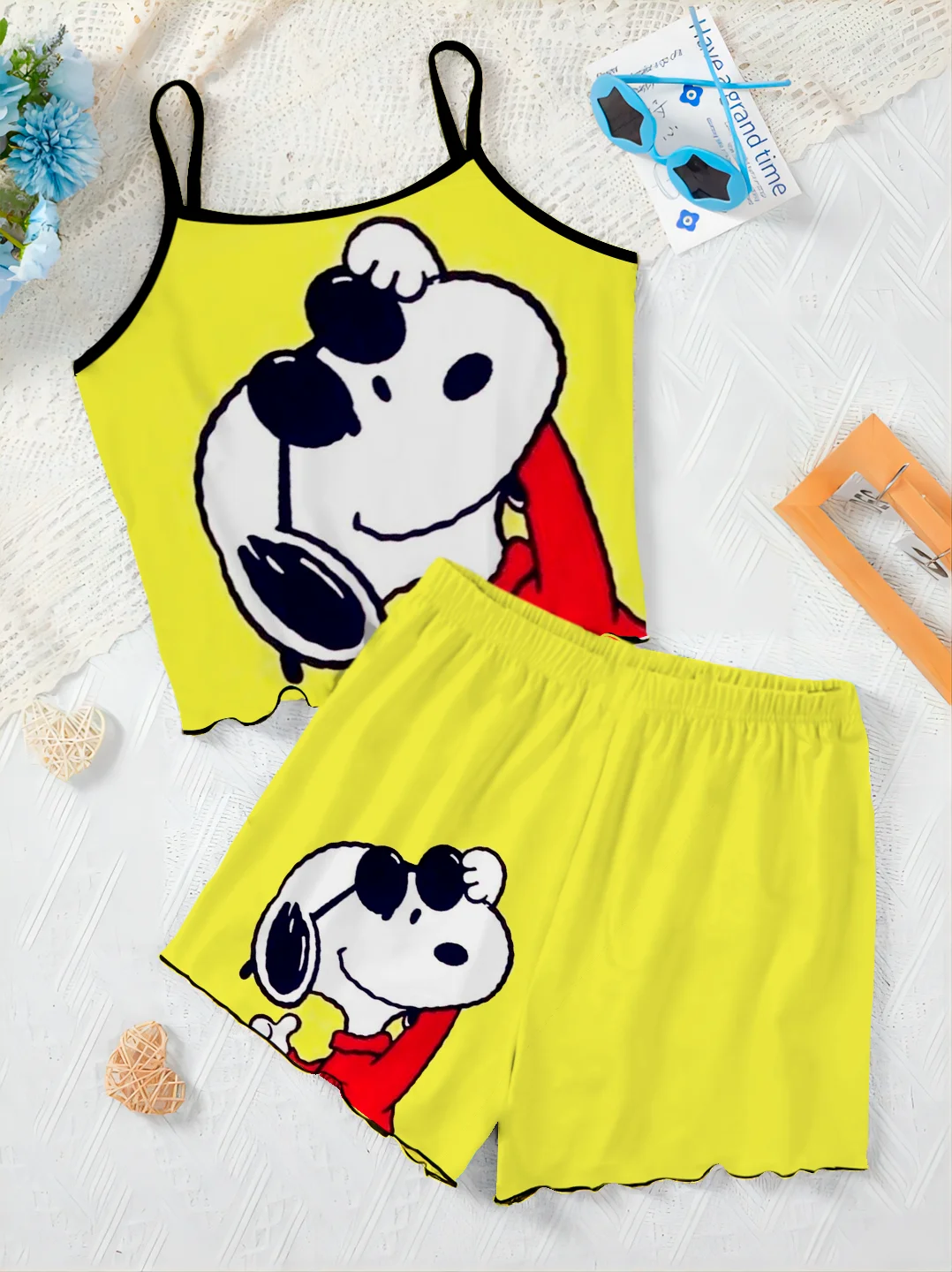 Elegant Women's Sets Top Home Dress Lettuce Trim Snoopy Disney T-shirt Two Piece Set Pieces Short Suit Bottom Disney Slip Dress