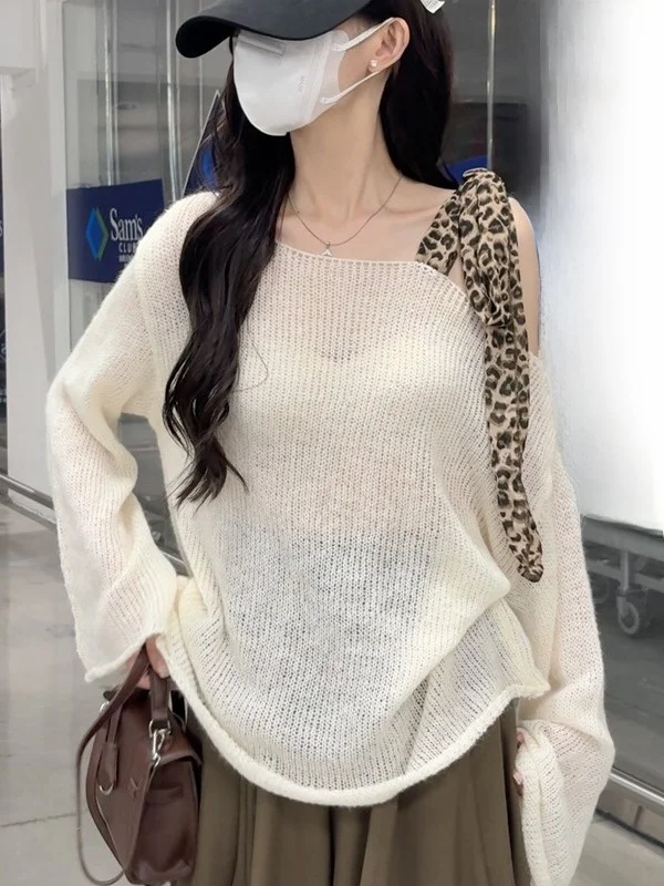 

Loose Casual Sle Women's Knitted Long Sve Sweater Leopard Print Ribbon Splicing Spring Autumn New Faion oulder Barin...