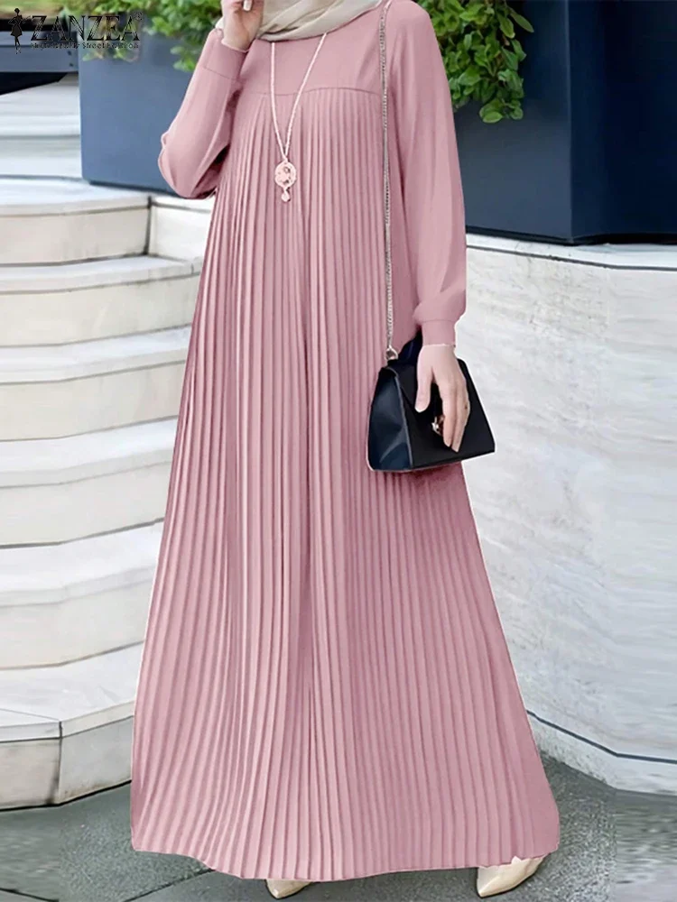 2025 zanzea muçulmano abaya hijab vestido feminino elegante manga longa plissado vestido de verão dubai maxi robe moda casual roupas islâmicas