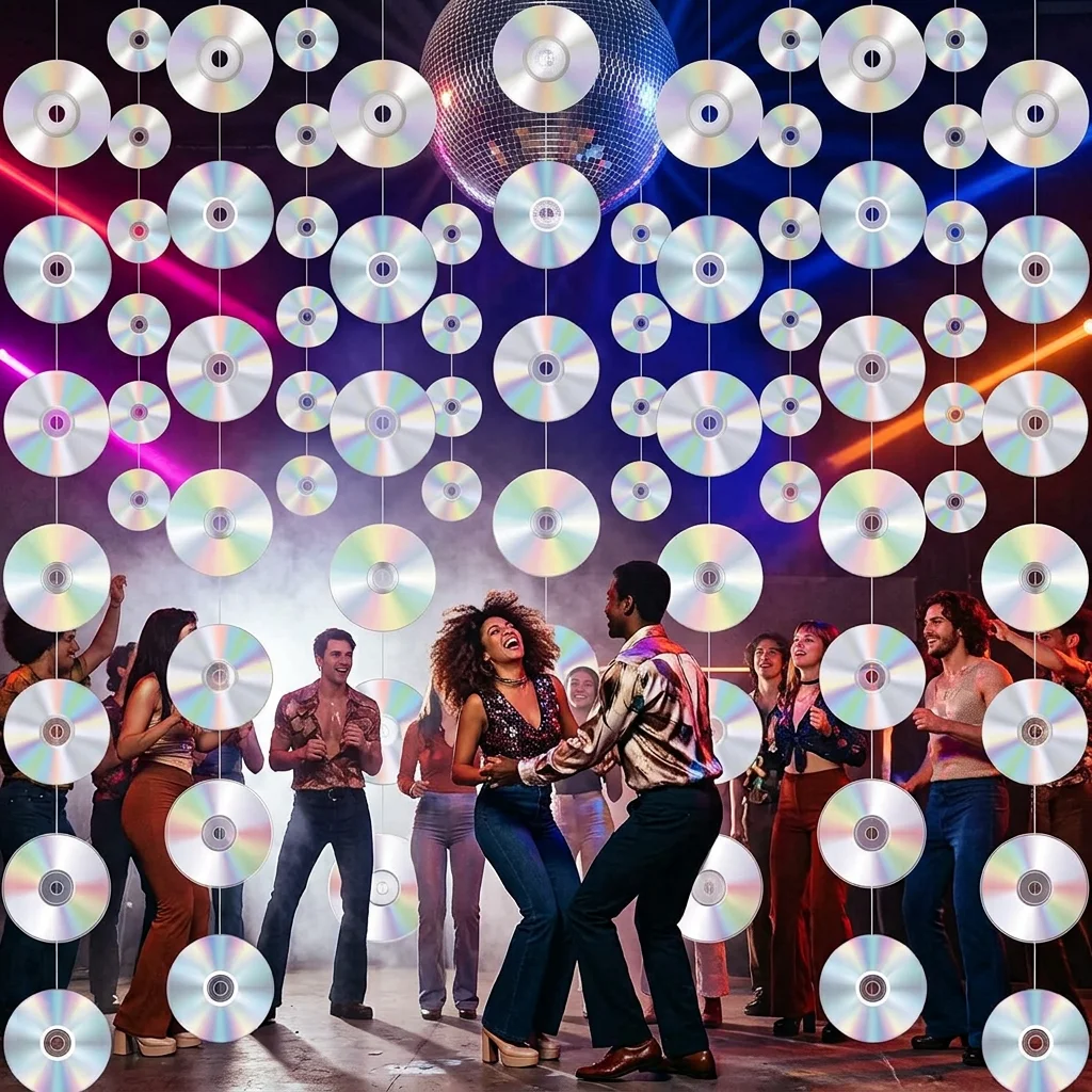 Disco Party Decorations Holographic CD Record Hanging Garland Backdrop description 1