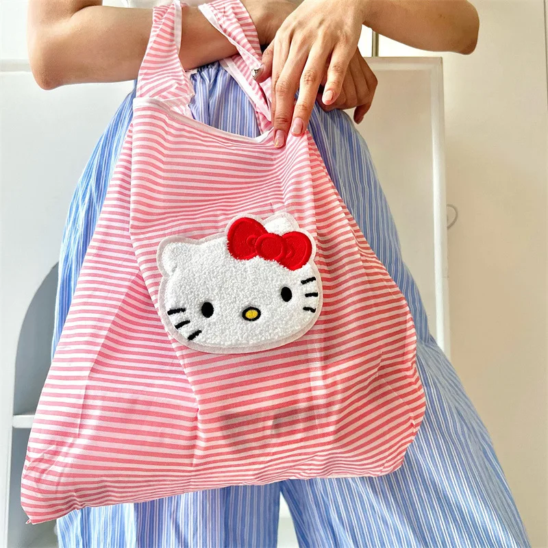 

Cute Hello Kitty Oxford Cloth Handbag Kawaii Kitty Cat Portable Collapsible Shopping Bag Sweet High Capacity Canvas Storage Bags