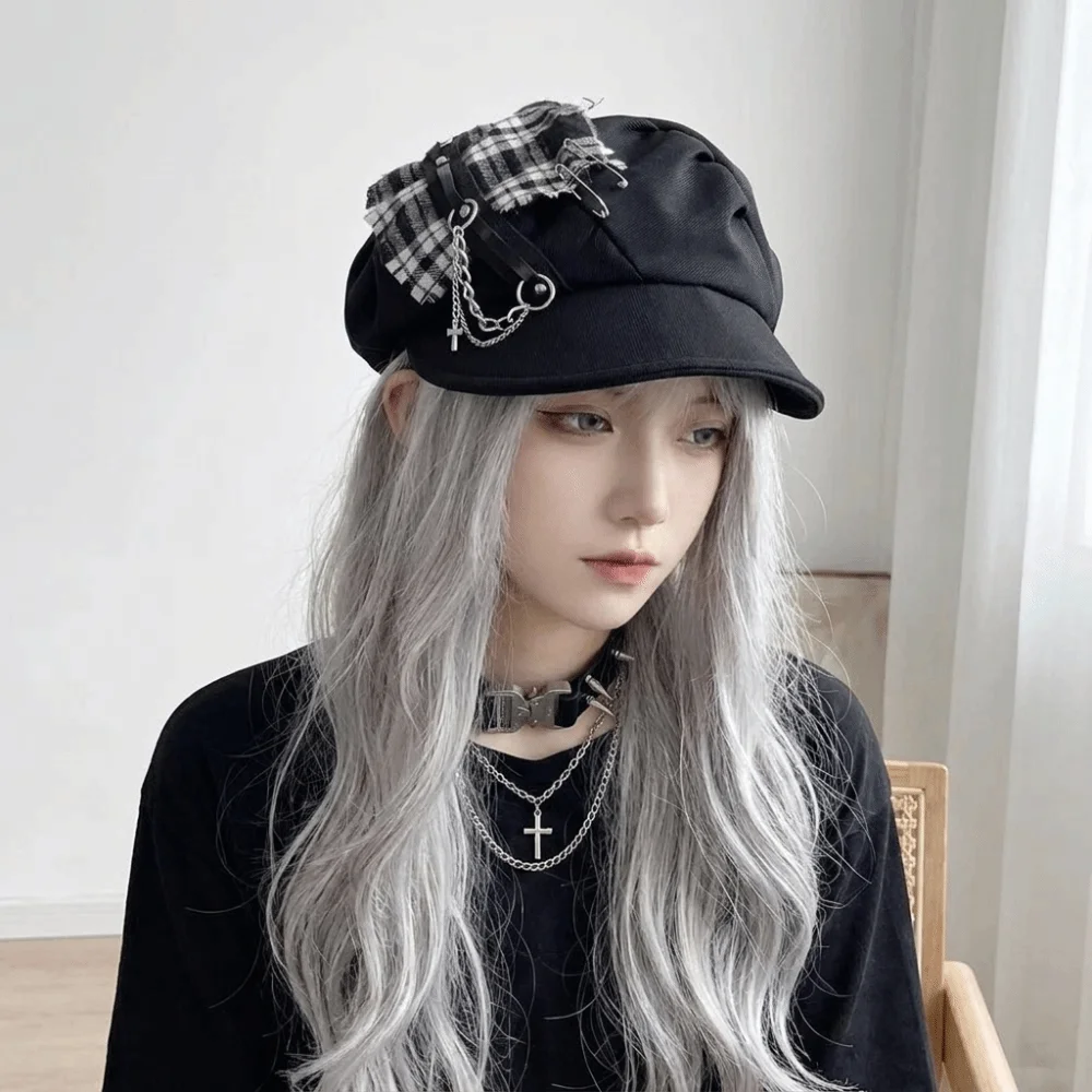 Cute Rabbit Ears Plaid Beret Hat Irregular Thin Brim Octagonal Hat Punk Cross Painter Artist Cap Photography Prop