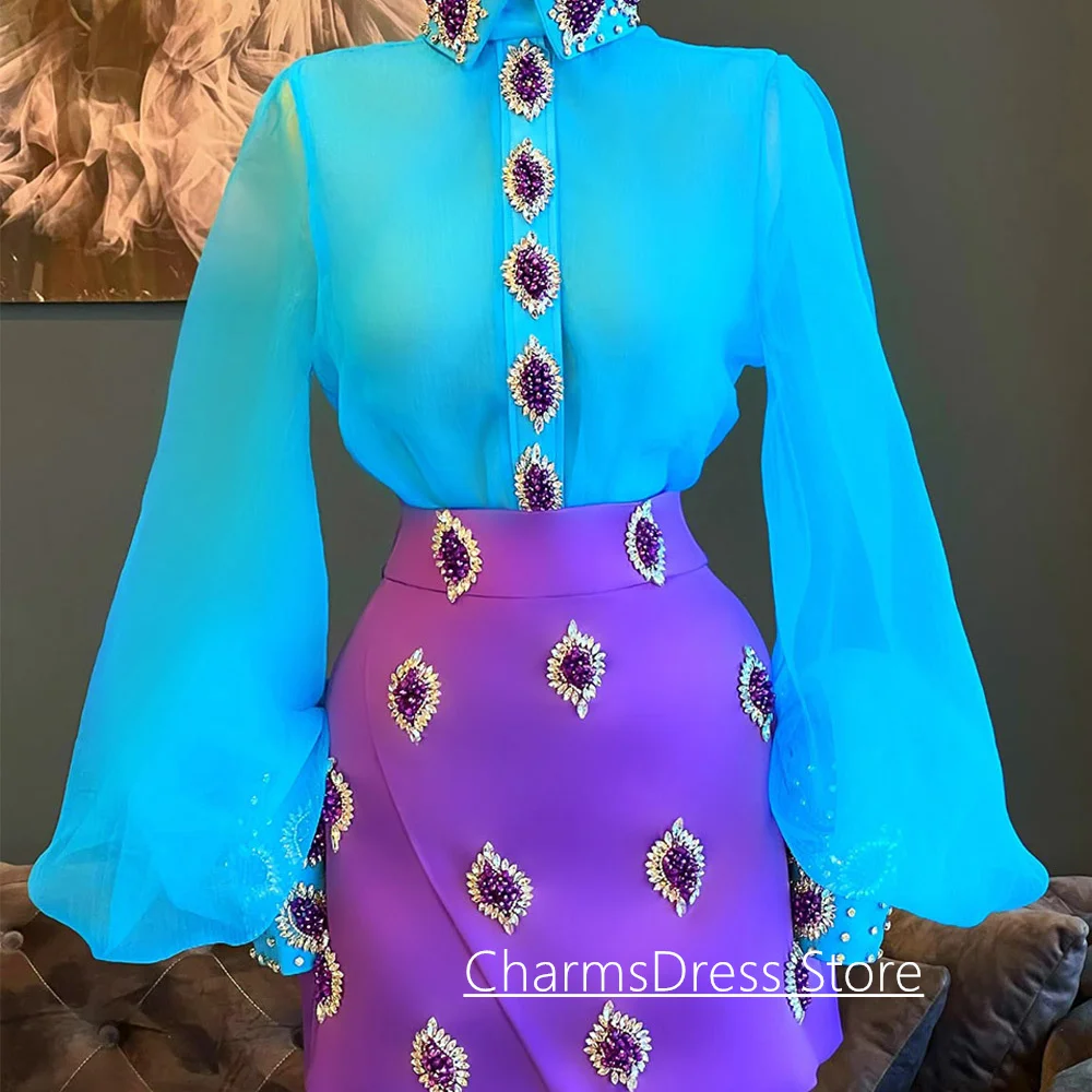 فساتين حفلات الكوكتيل المذهلة مخصصة تي شيرت تنورة قطعتين أحجار كريستال فستان حفلات صغير فستان سهرة للرقص