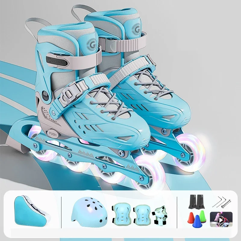 زلاجات دوارة مضمنة مع خوذة، وسادات للكوع والركبة، مجموعة حقائب أحذية فلاش 4 عجلات أحذية رياضية للأولاد والبنات أحذية تزلج قابلة للتعديل
