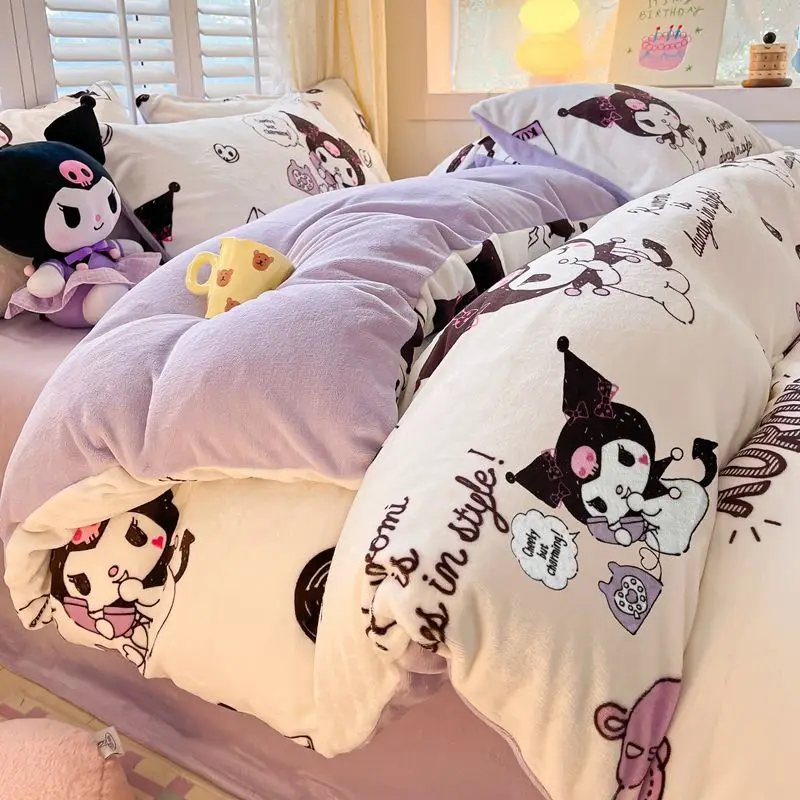 

Cinnamoroll Milk Velvet 4Pcs Anime Cartoon Melody Kuromi Hellokitty Winter Sheets Quilt Cover Pillowslip Dormitory 3-Piece Set