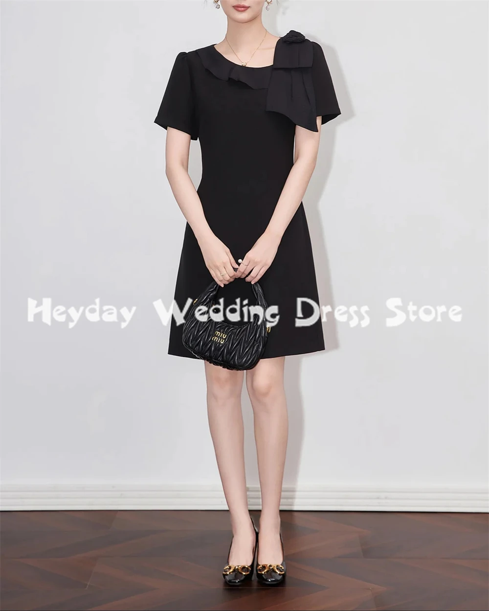 Heyday فساتين سهرة نسائية ثلاثية الأبعاد بفيونكة على شكل حرف A فساتين سهرة سعودية بأكمام قصيرة بطول الركبة فساتين حفلات رسمية أنيقة 2025 #4