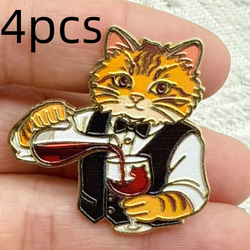 4pcs Cat Drinking Red Wine Interesting Brooch Student Backpack Needle Buckle Badge