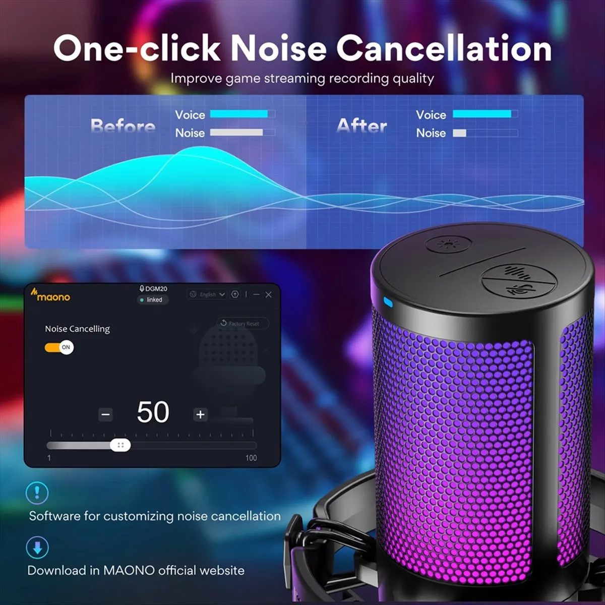 DGM20 Gaming Microphone,USB Microphone Condenser Mic RGB Gaming Mic with Noise Reduction Software,Mic Gain,One Key