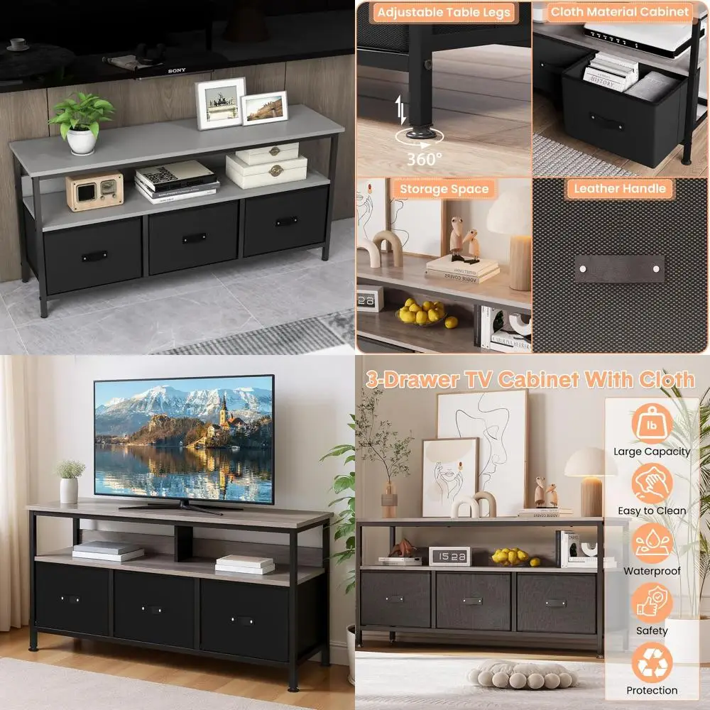 

Space-Saving 55 TV Stand with 3 Fabric Drawers, Entertainment Console for Bedroom, Living Room, and Dorm