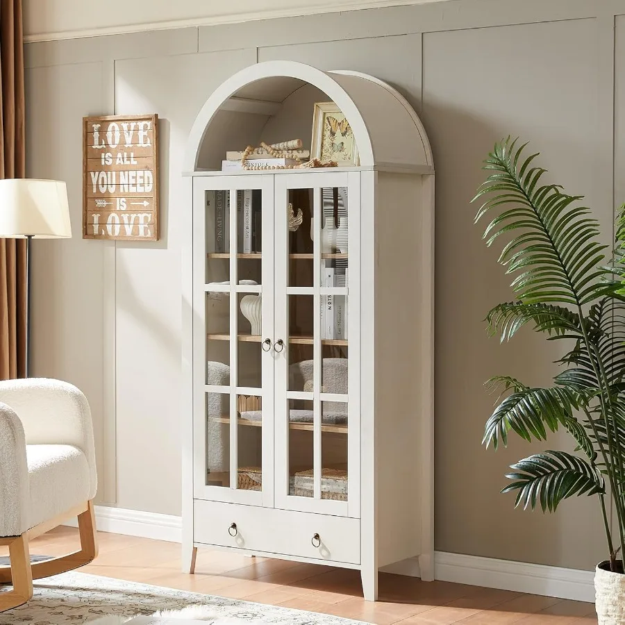 71 Tall Arched Cabinet Modern Farmhouse Wooden Display Cabinet with Drawer and Glass Doors 6 Tier Bookshelf w Adjustable Shelve