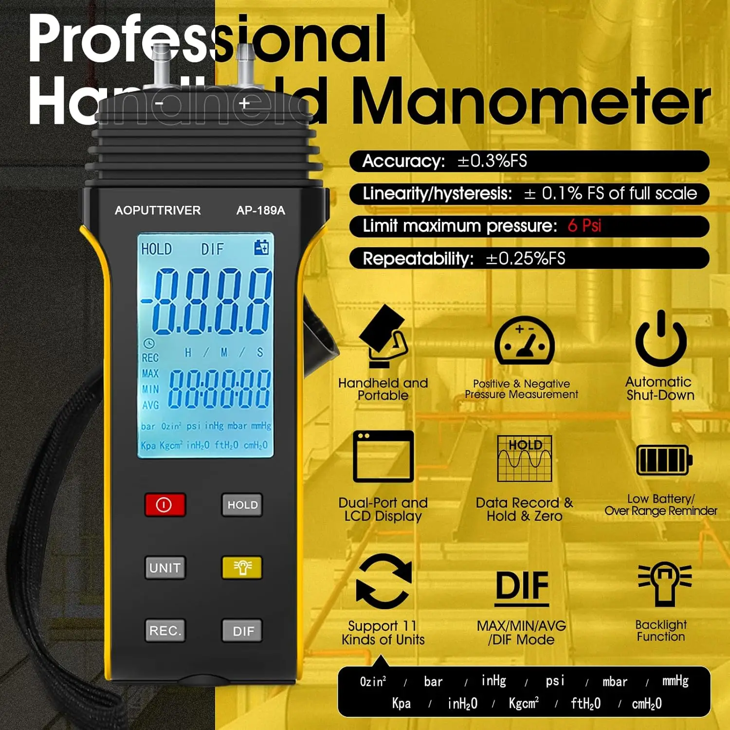 

Digital Manometer ±13.79kPa Differential Pressure Gauge HVAC Gas Tester Backlight Data Hold Multi-Unit for AC Test