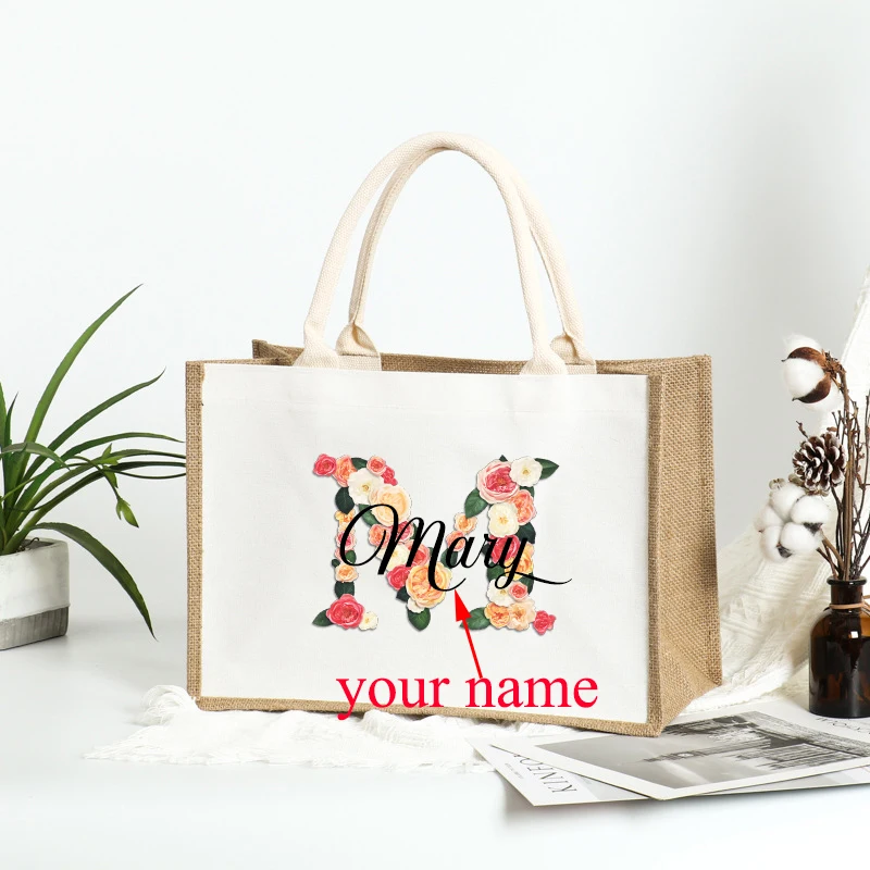 

Floral Name Print Custom Jute Shopping Bag Beach Girls Trip Tote A-Z Alphabet Personalized Linen Shopper Gift Big Capacity