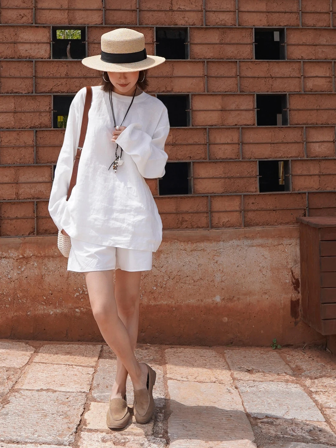 

Ladies Cotton Linen Set Summer 2026 Casual Loose Fit Sun Protection Shirt And Shorts Two Piece Suit Minimalist Style Slimming...