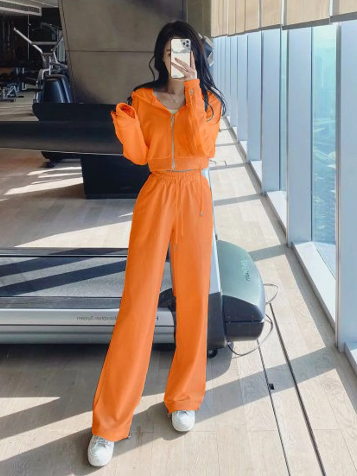 Spring Autumn 2024 New Women\'s Sportswear Set Loose Slimming Fashionable Casual Hoodie Two-Piece Suit Cotton Material