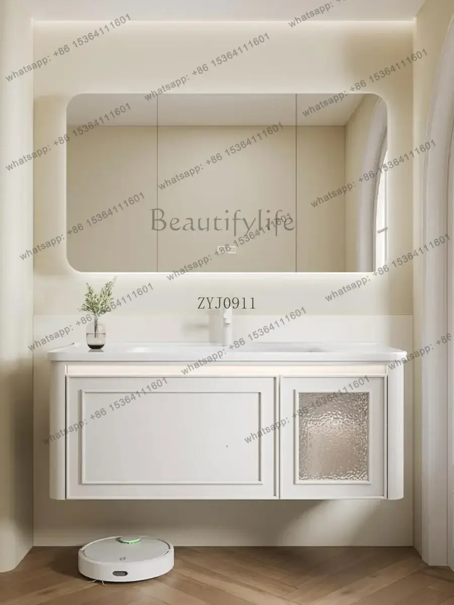 

French cream style bathroom cabinet combination ceramic integrated basin oak bathroom washstand