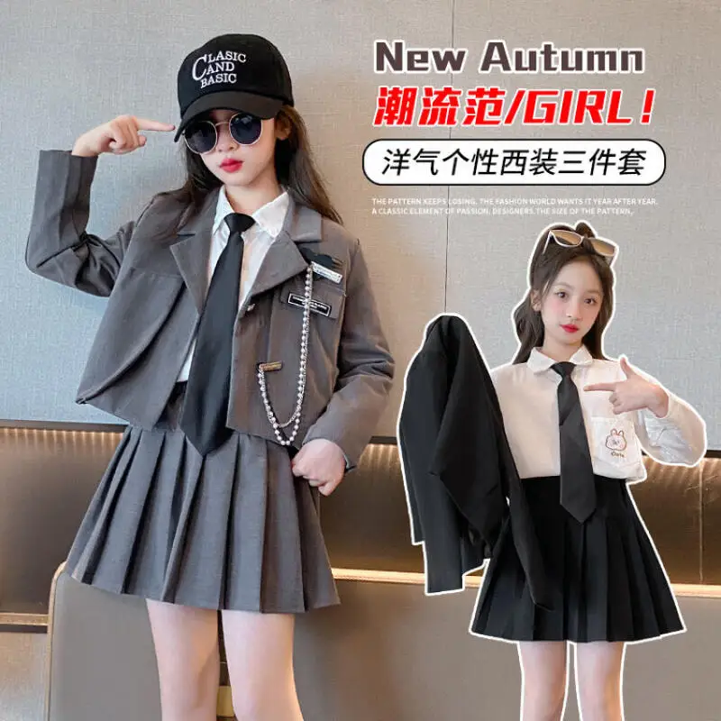 

3Pcs Blazer Long Sleeve Pleated Skirt Tie Set Soft Fabric Cute Comfy Trendy Outfit for Girls Girls Costume Anime Cartoon Kawaii