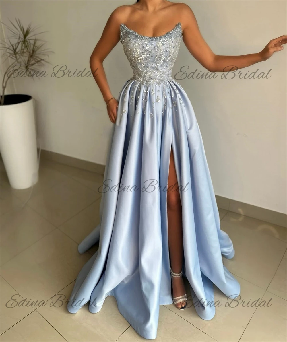 Strapless A-line Backless Pleat Pearls Prom Gown High Slit Satin Sleeveless Evening Dresses Sweep Train فساتين سهرة فخمه