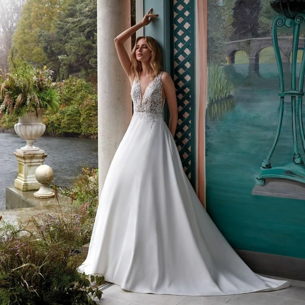 

Женское свадебное платье с кружевной аппликацией, V-образным вырезом