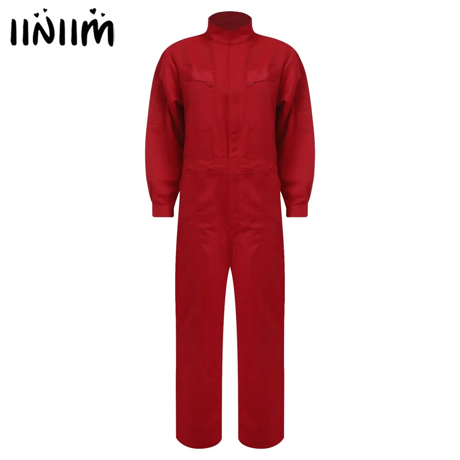 Womens Front Zip Multiple Pockets Work Coveralls Costume Cotton Overalls Bodysuit Stand Collar Long Sleeve Jumpsuit Uniforms