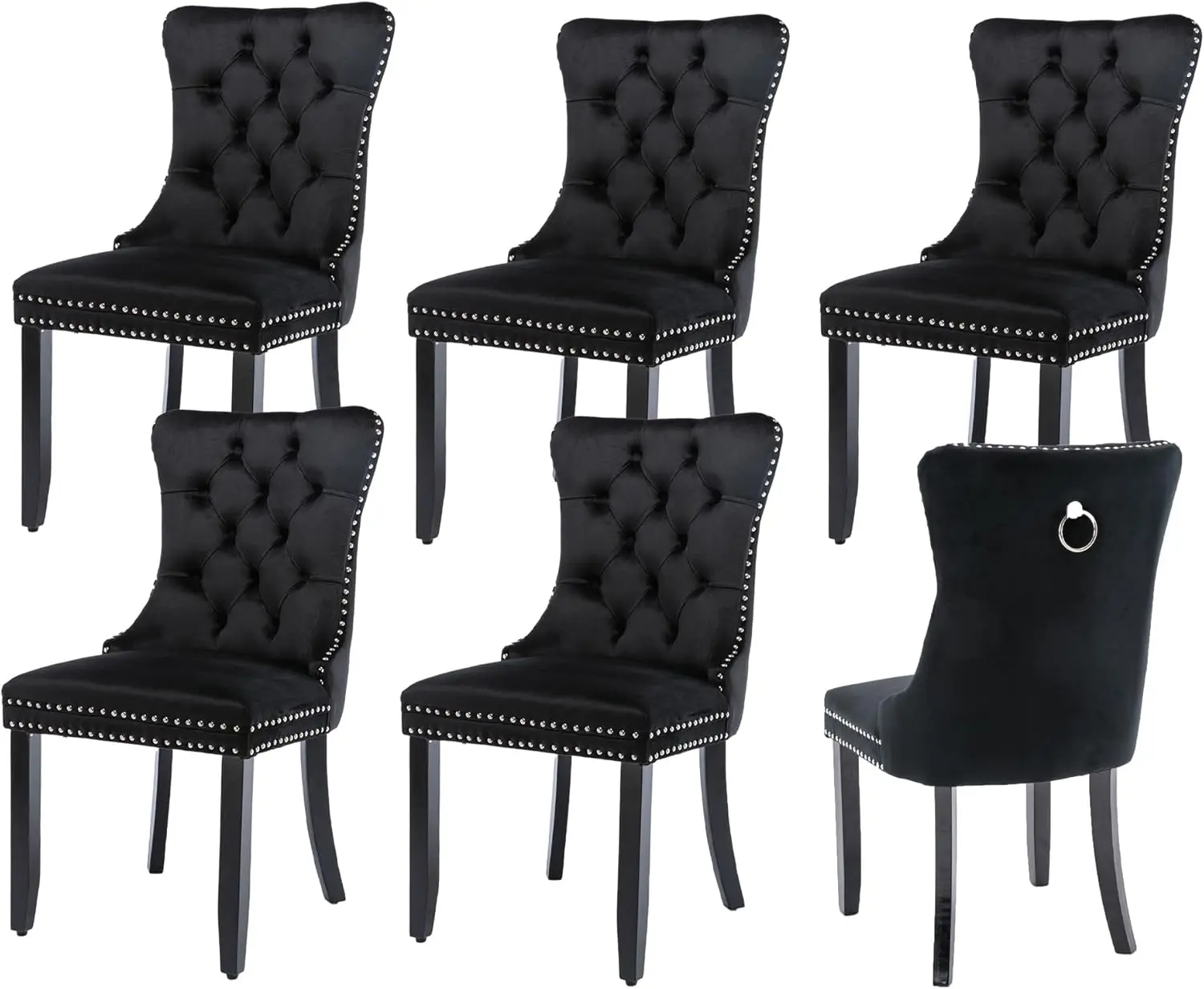 

Velvet Dining Chairs Set Of 6, Upholstered Tufted Dining Room Chair With Silver Nailhead Trim, Solid Wood Leg And Ba Ring Pull