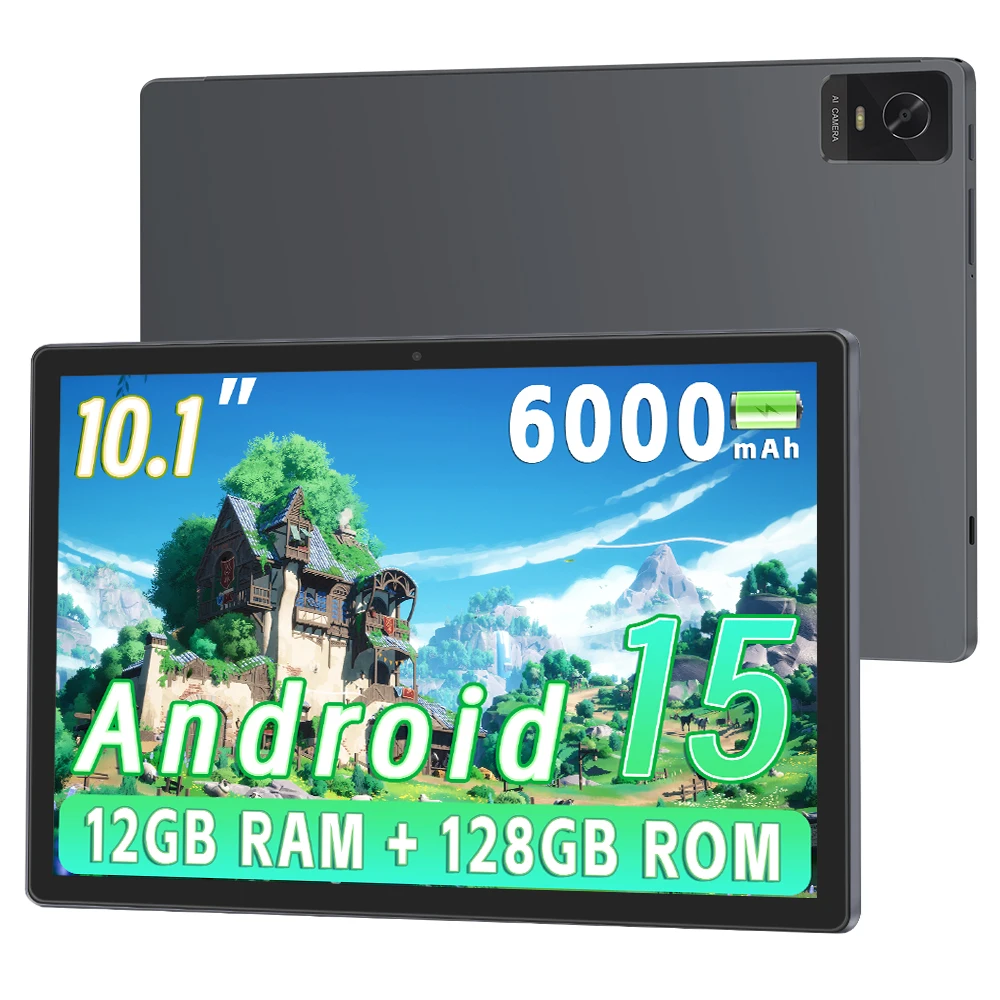 تابلت اندرويد 15، تابلت 10.1 بوصة، 12 جيجابايت رام + 128 جيجابايت روم + 1 تيرابايت توسيع الكمبيوتر اللوحي، وحدة المعالجة المركزية القوية ثماني النواة، 6000 مللي أمبير في الساعة، معتمد من جوجل