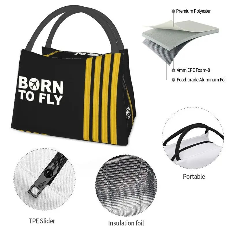 Born To Fly-Sac à lunch isotherme pour femme, boîte fourre-tout, sac de pique-nique scolaire, sac de nourriture, pilote de vol, capitaine d'aviation, happator