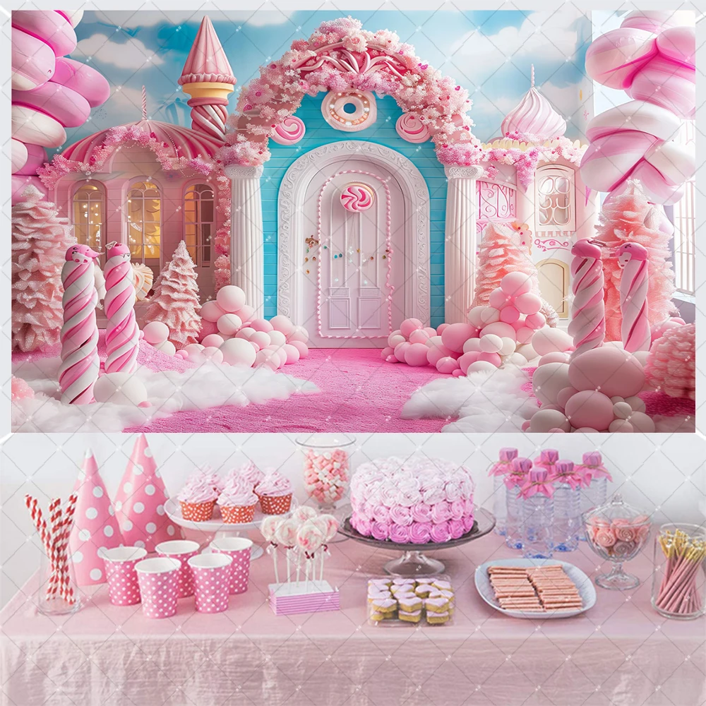 Candy House Pink Castle Princess Fairy Tale Birthday Party Pink Baby Blue Candy Canes  Winter Snow Landscape Photo Background