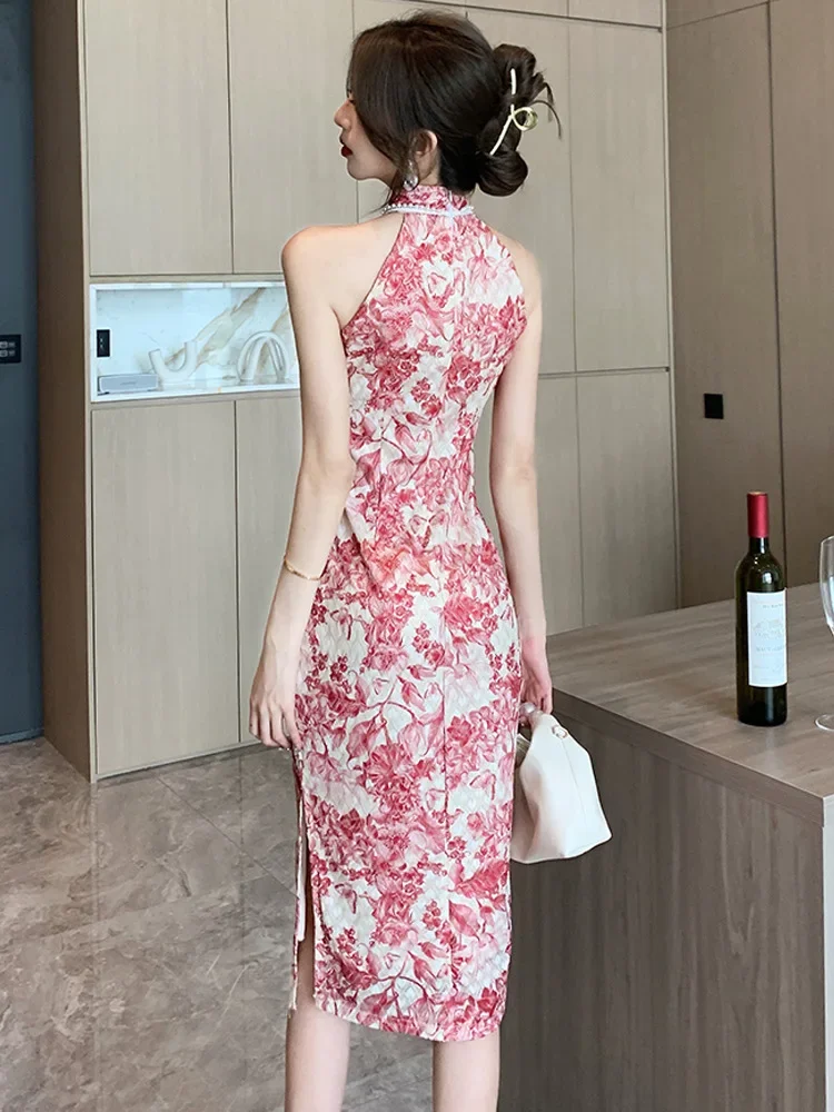 Gaun Belah Tanpa Lengan Seksi Musim Panas Cheongsam Kerah Mandarin Tradisional Tiongkok Qipao Panjang Gambar Cetak Wanita Merah Vestidos Elegan