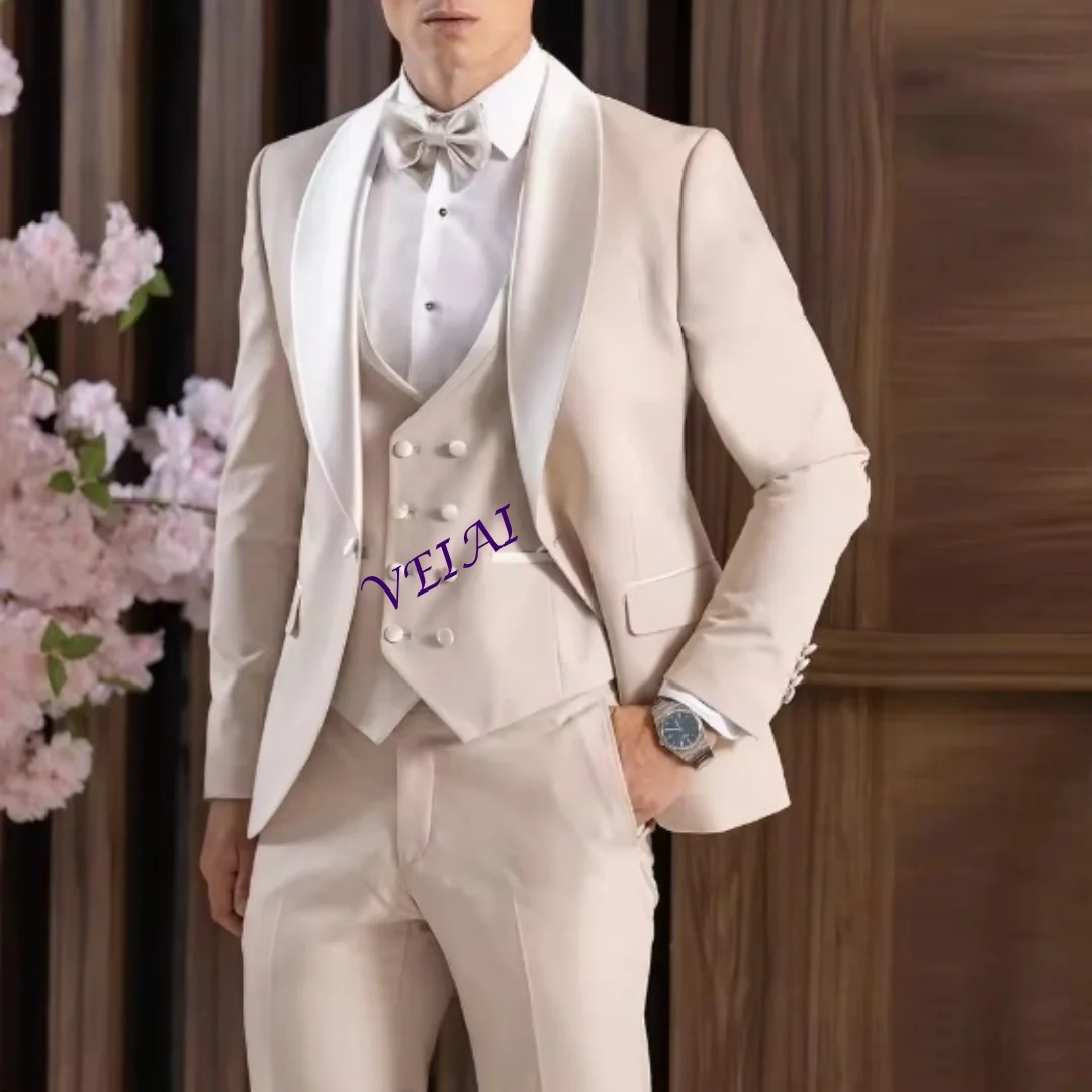 

CustomizedWhite Collar Beige Men Suit Wedding Party Formal Groom Groomsman Prom Business Male Tuxedos 3 Piece Set Jacket Vest Pa