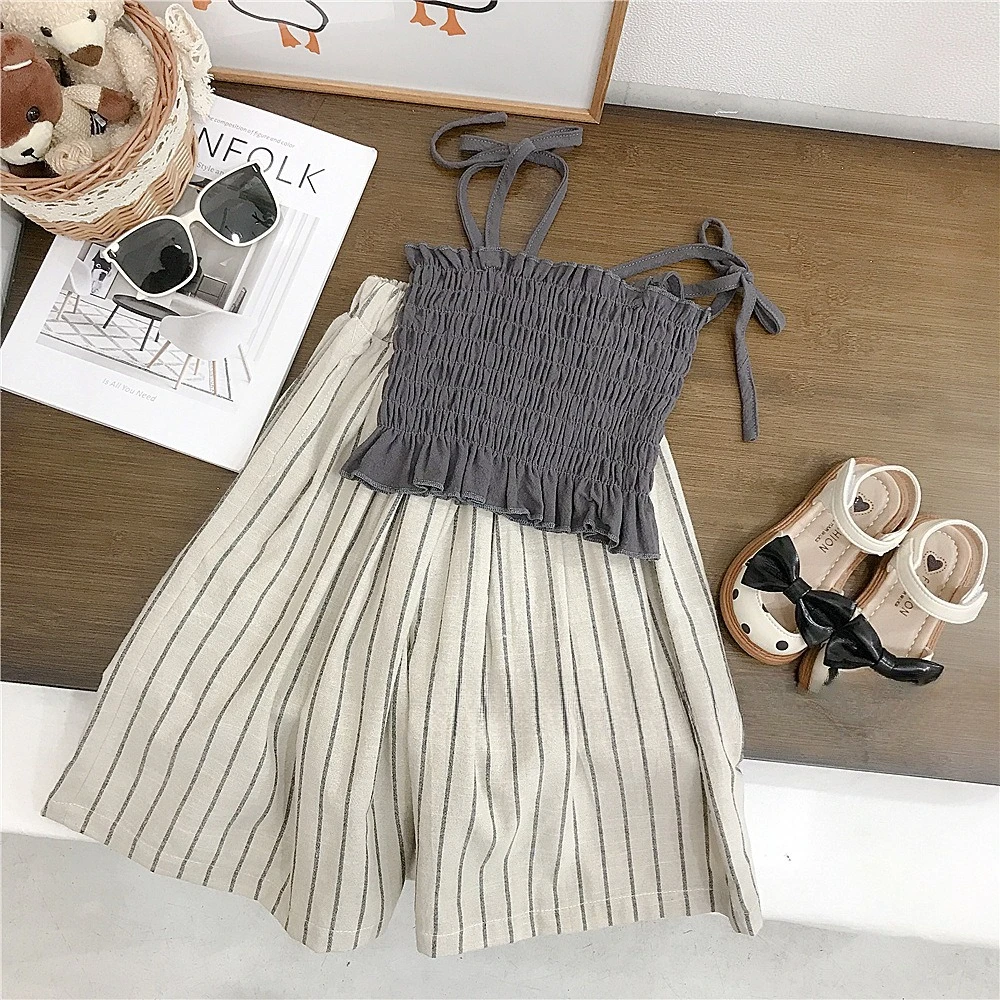 2026 Summer Girls Japanese Style 2 Piece Set Vintage Simple Cotton Striped Cami Top Wide Leg Pants Outfit for 80-130cm