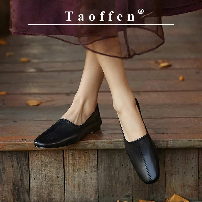 

Taoffen Casual Flats For Women Genuine Leather Solid Round toe Low-heeled Pumps Comfortable Soft Office Commuting Lady Shoes