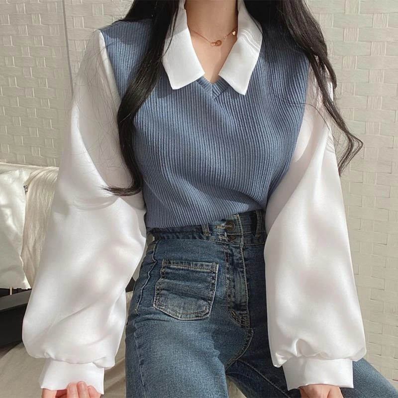 Patchwork Y2K Shirt Women Korean Casual Vintage Loose Pullover Female Tops Autumn Elegant Long Sleeve Blouse New