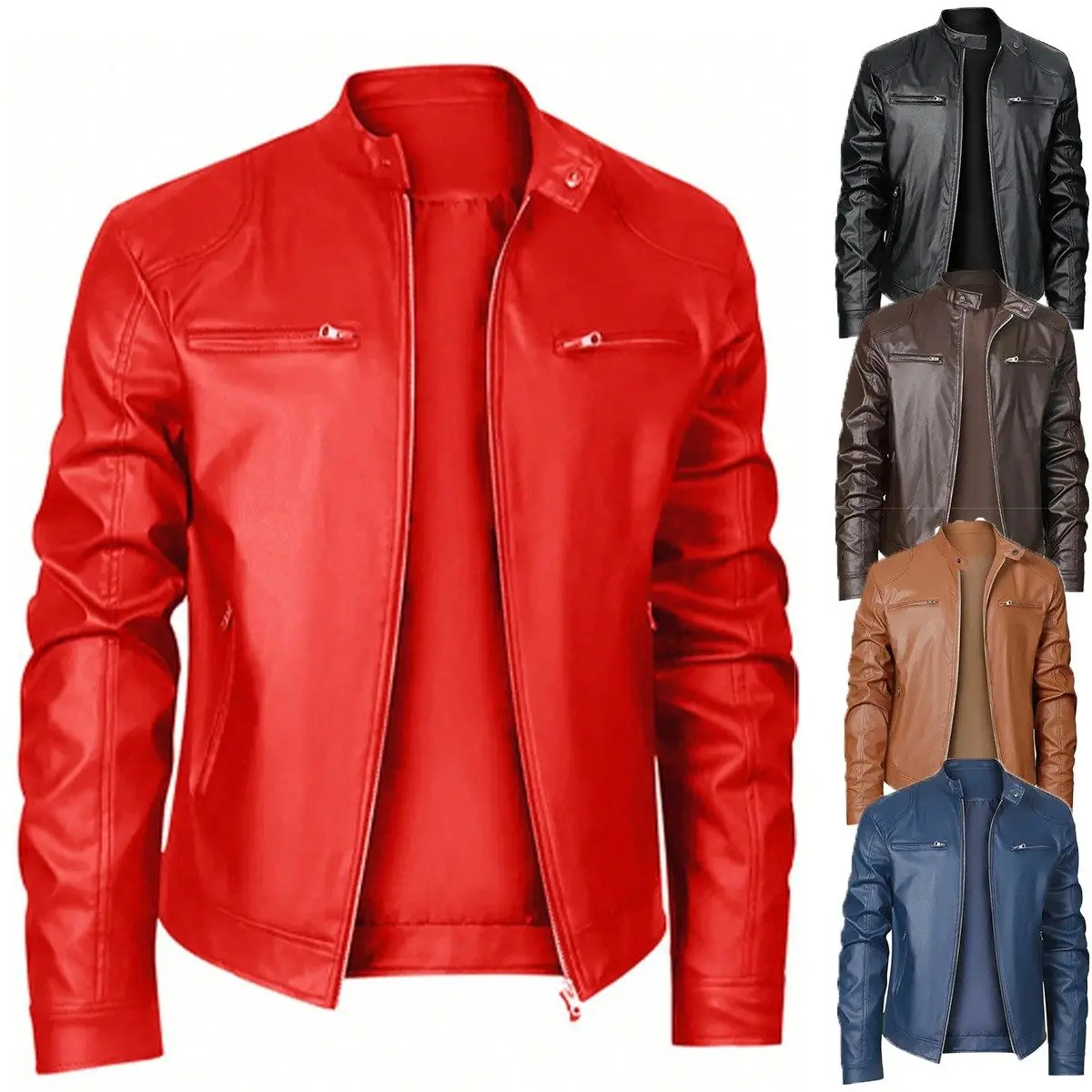 

Новая повседневная мужская кожаная куртка в американском байкерском стиле с воротником-стойкой из искусственной кожи