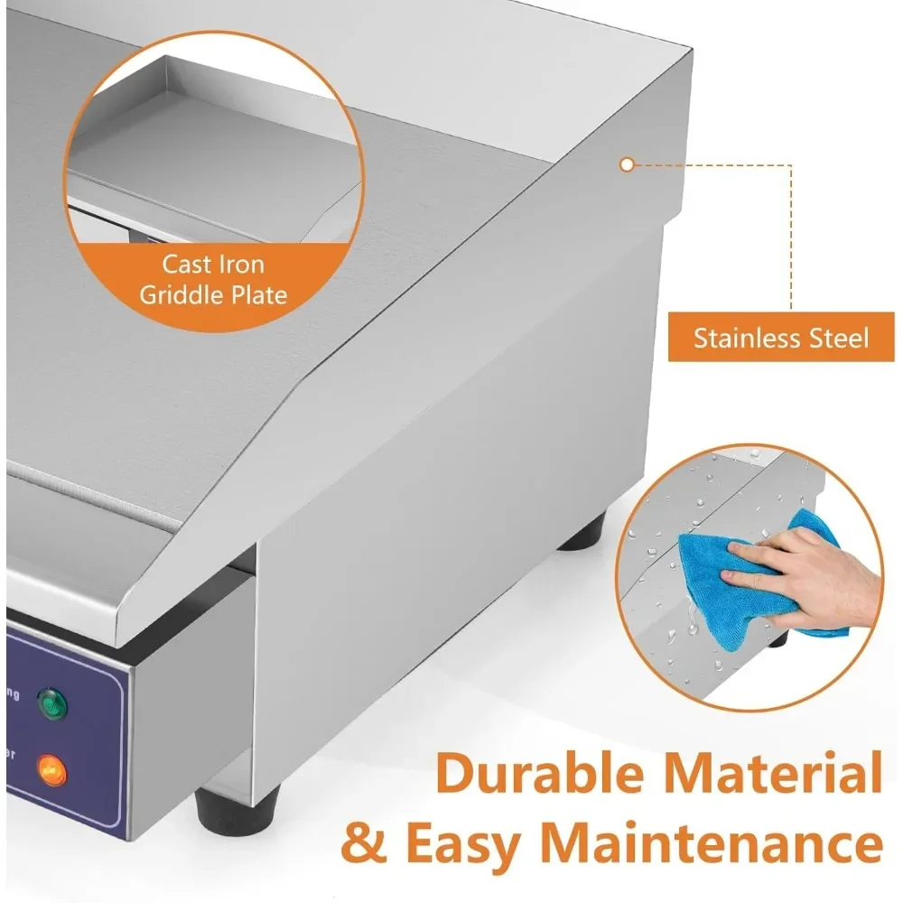 Electric Grill, 22" 2000W, Cast Iron Griddle, Stainless Steel Frame, Adjustable Temperature, Oil Storage Box, Commercial Griddle