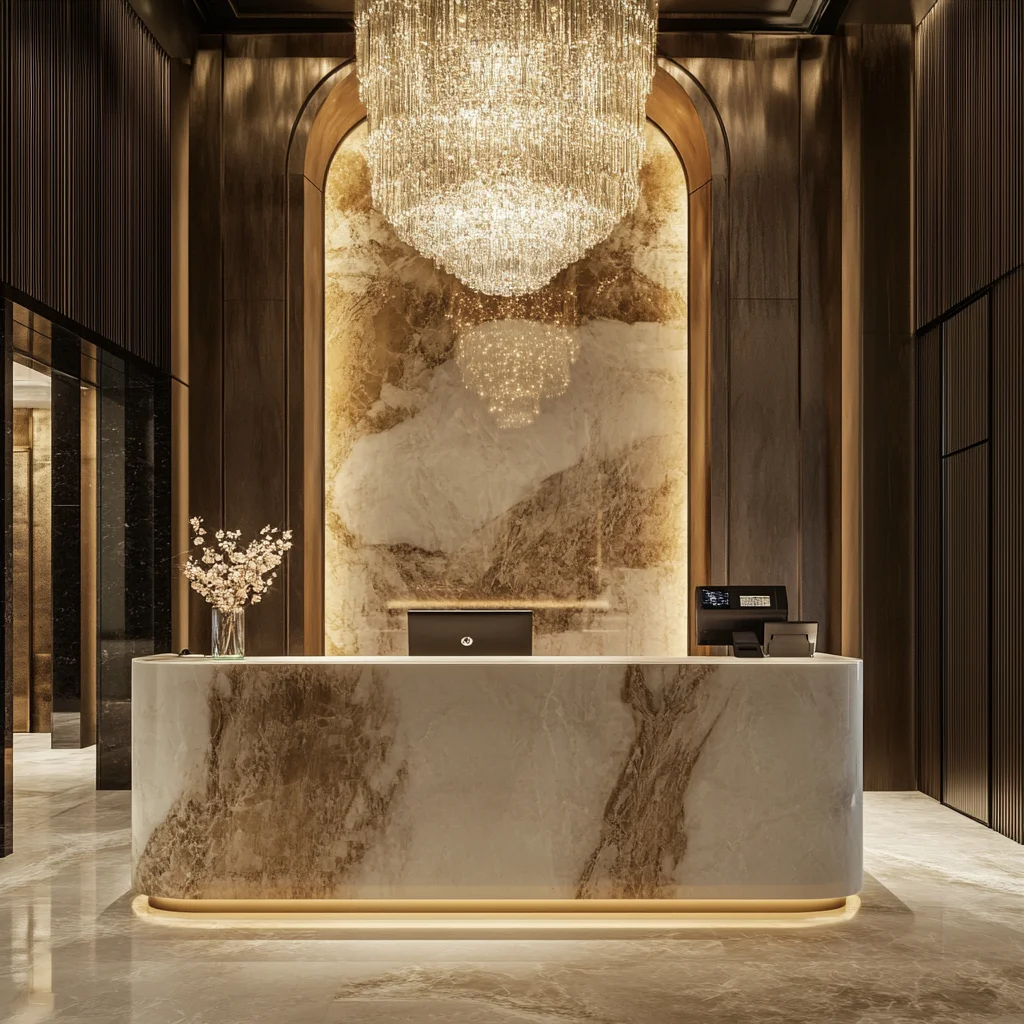 

Luxurious Large Reception Desk for Hotels and Business Lobbies HIigh Quality Display Cabinet in Multiple Finishes