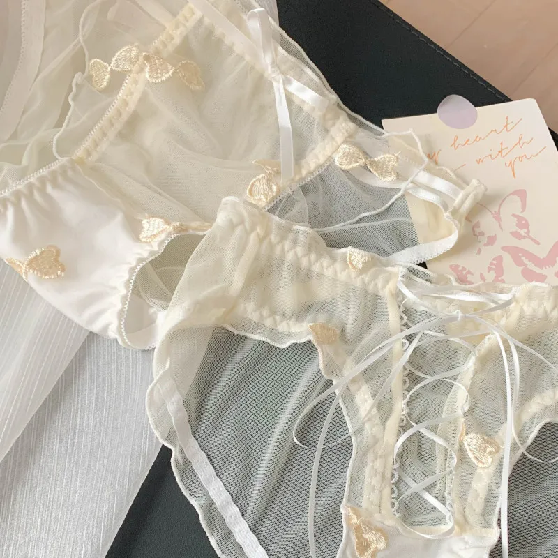 Women Mesh Transparent Ribbons Ruffle Embroidery Sexy Underwear Cute Lovely Sweety Panties Apricot Princess Style Breifs