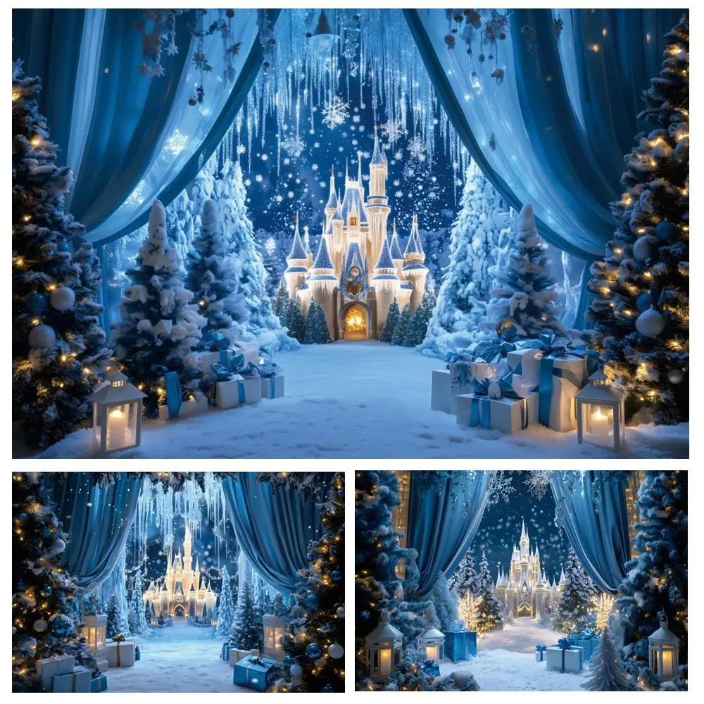 

Ice Castle Backdrop Gifts Christmas Tree Blue Curtain Winter Baby Kid Birthday Portrait Photography Background Decor Photostudio