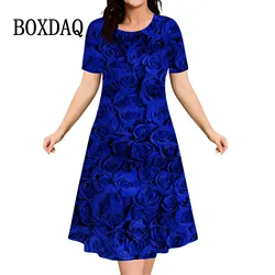 Blue Red Rose Flowers Dress Women Pullover Summer 3D Print Casual Retro Dress New 2024 Ladies Plus Size Short Sleeve Mini Dress