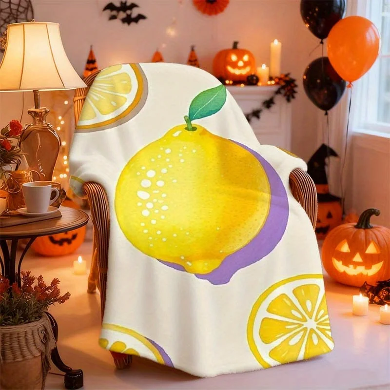 1pc Lemon Slice Plush Blanket - Soft Flannel All-Season Bedspread with Lemon & Lime Citrus Design, & Lemon/Yellow Fruit Pattern,
