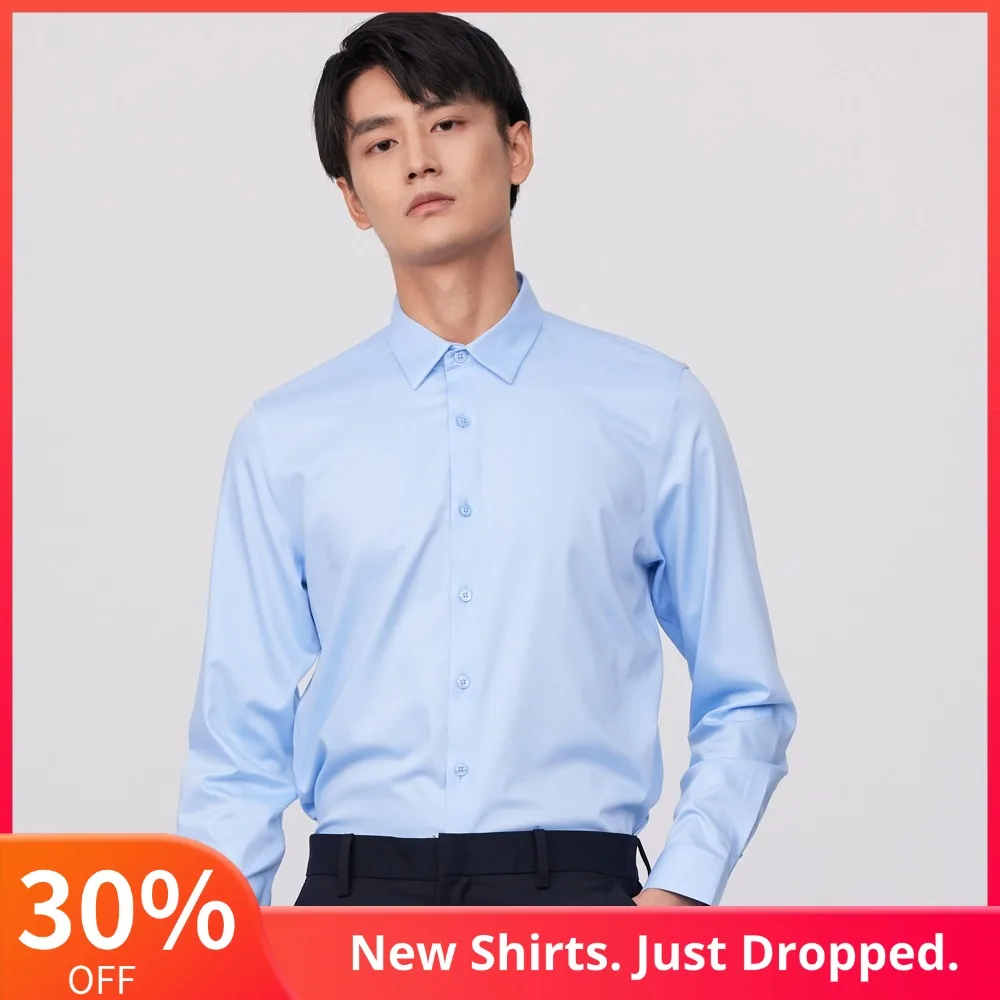 

Мужская гладкая эластичная облегающая однотонная базовая классическая рубашка без кармана Удобные повседневные рубашки с длинными рукавами для работы и офиса на пуговицах