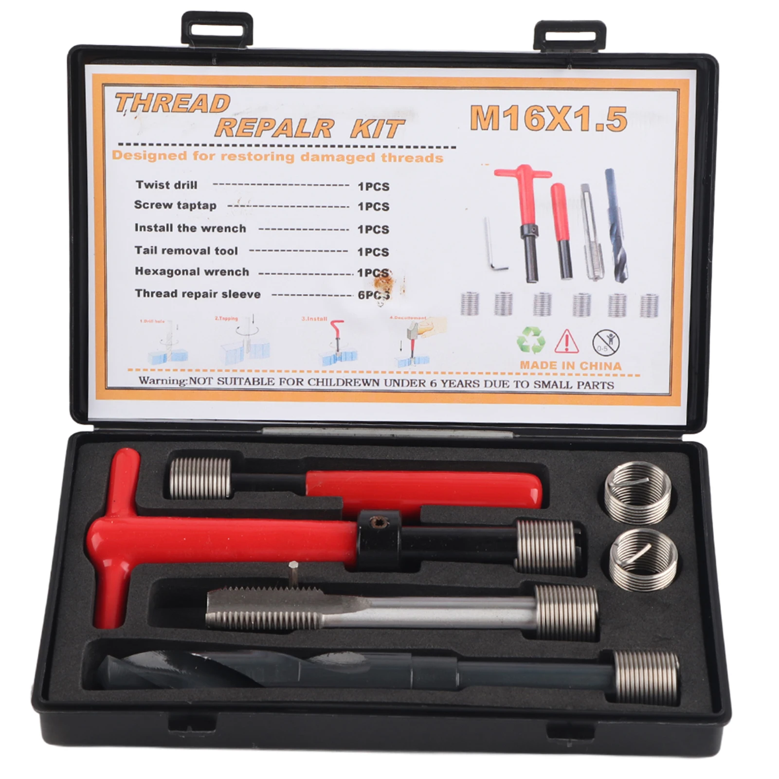 Aço inoxidável Thread Repair Kit, torcida Chave Broca, Tap Insertion Tool, Rosca Inserção, M16x1.5